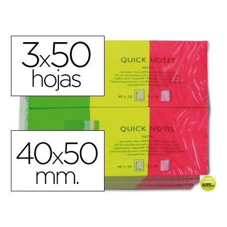 BLOC NOTAS Q-CONNECT ADHESIVAS 40X50 MM FLUORESCENTES PACK DE 3 CON 50 HOJAS