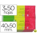 BLOC NOTAS Q-CONNECT ADHESIVAS 40X50 MM FLUORESCENTES PACK DE 3 CON 50 HOJAS