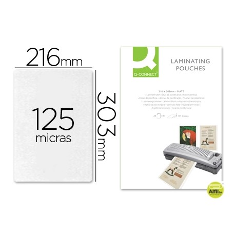 BOLSA DE PLASTIFICAR Q-CONNECT-303 X 216 MM -125 MC DIN A4 MATE SIN REFLEJOS