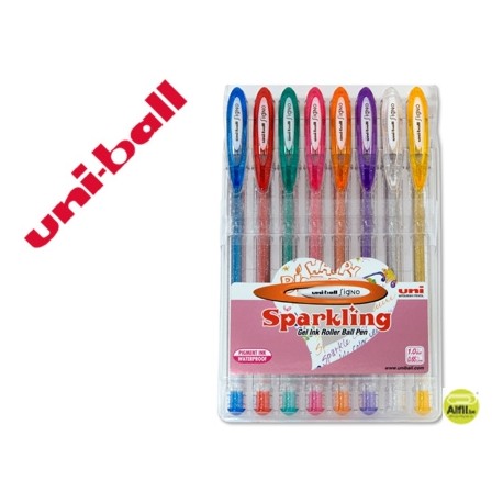 BOLIGRAFO UNI BALL UM-120 SIGNO 0,7 MM TINTA GEL ESTUCHE DE 8 COLORES CON PURPURINA