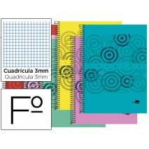 BLOC ESPIRAL LIDERPAPEL FOLIO CLASSIC TAPA POLIPROPILENO 80H 60G CUADRO 3MM CON MARGEN. COLORES SURT