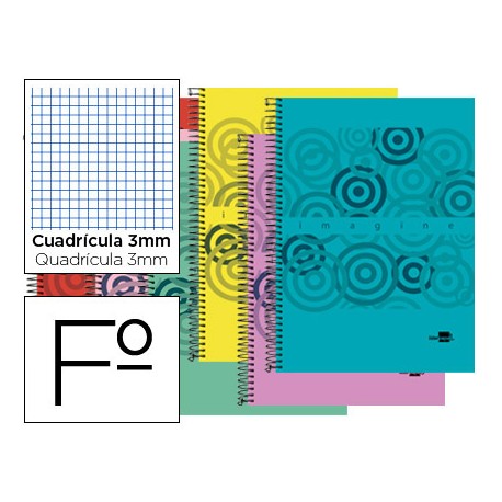 BLOC ESPIRAL LIDERPAPEL FOLIO CLASSIC TAPA POLIPROPILENO 80H 60G CUADRO 3MM CON MARGEN. COLORES SURT