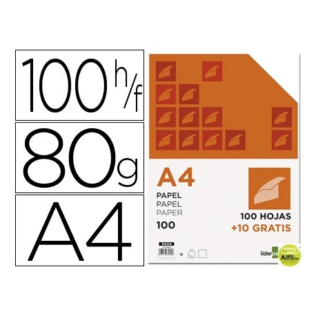 PAPEL LIDERPAPEL DIN-A4 80 GR -PAQUETE DE 100 HOJAS + 10 HOJAS GRATIS