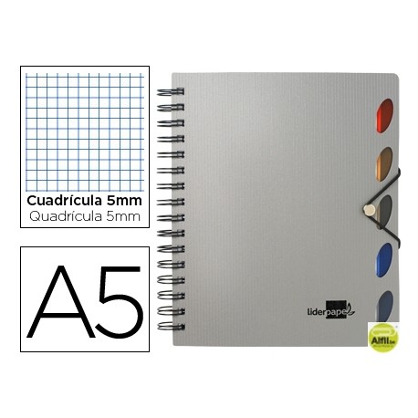 BLOC ESPIRAL LIDERPAPEL A5 MICRO EXECUTIVE TAPA POLIPROPILENO 100H 80G CUADRO 5MM 5 SEPARADORES CON