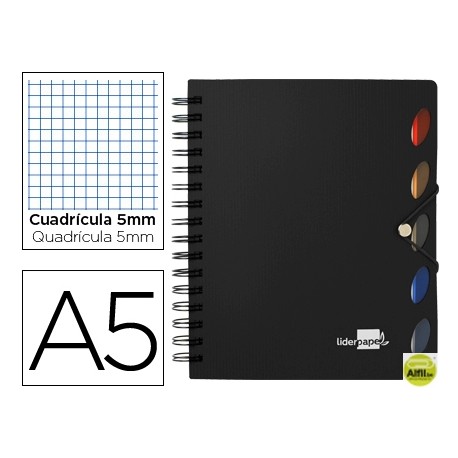 BLOC ESPIRAL LIDERPAPEL A5 MICRO EXECUTIVE TAPA POLIPROPILENO 100H 80G CUADRO 5MM 5 SEPARADORES CON