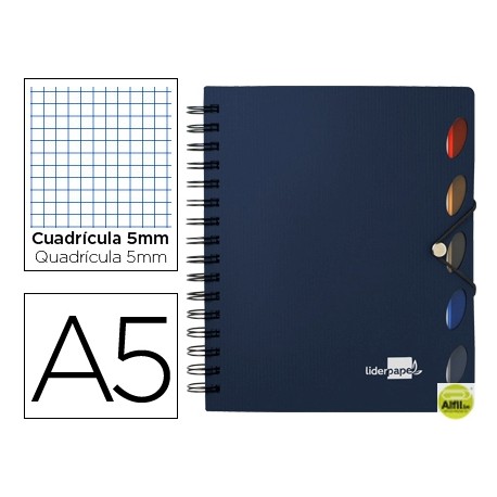 BLOC ESPIRAL LIDERPAPEL A5 MICRO EXECUTIVE TAPA POLIPROPILENO 100H 80G CUADRO 5MM 5 SEPARADORES CON