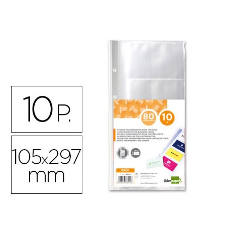 RECAMBIO PORTATARJETAS LIDERPAPEL 4 TALADROS BOLSA DE 10 UNIDADES