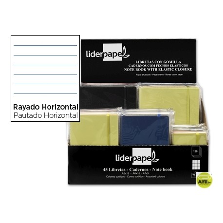 CUADERNO LIDERPAPEL ENCOLADO CON GOMILLA TAPA SIMIL PIEL -EXPOSITOR DE 45 UNIDADES SURTIDAS RAYADO H