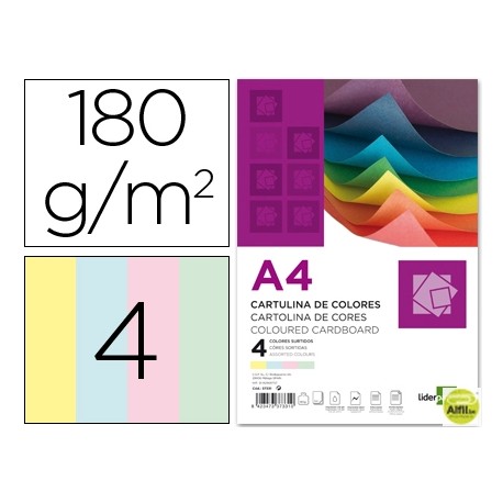 CARTULINA LIDERPAPEL A4 180G/M2 4 COLORES SURTIDOS