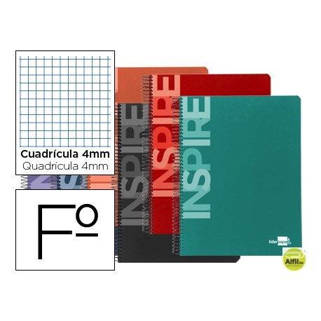 BLOC ESPIRAL LIDERPAPEL FOLIO INSPIRE TAPA EXTRADURA 160H 60G CUADRO 4MM CON MARGEN. COLORES SURTIDO