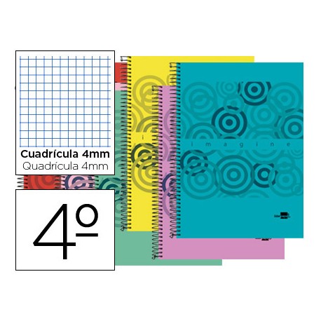 BLOC ESPIRAL LIDERPAPEL CUARTO TAPA POLIPROPILENO 80H 60G CUADRO 4MM CON MARGEN. COLORES SURTIDOS