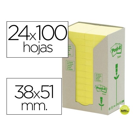 BLOC DE NOTAS ADHESIVAS QUITA Y PON RECICLADAS EN TORRE POST-IT 38 X 51 MM 24 BLOCS 653 RECICLADO