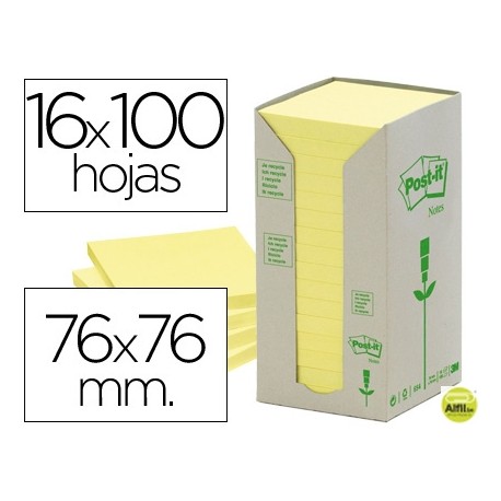 BLOC DE NOTAS ADHESIVAS QUITA Y PON RECICLADAS EN TORRE POST-IT 76 X 76 MM 16 BLOCS 654 RECICLADO