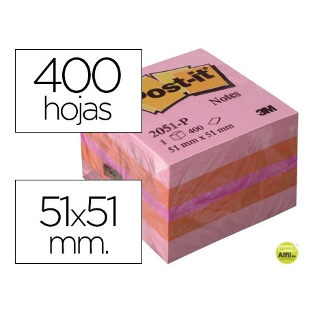 BLOC DE NOTAS ADHESIVAS QUITA Y PON POST-IT 51X51 MM MINICUBO COLOR ROSA 2051-P 400 HOJAS