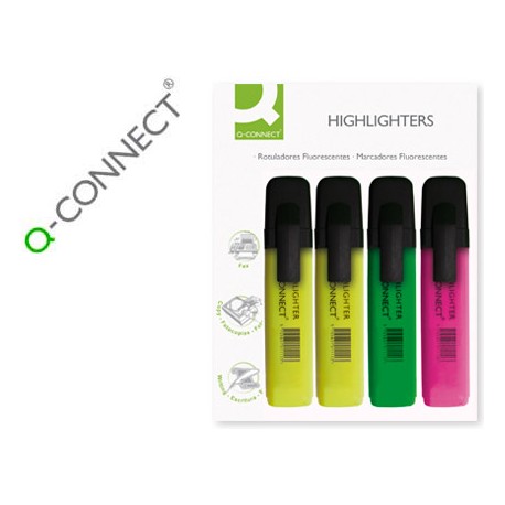 ROTULADOR Q-CONNECT FLUORESCENTE SURTIDO -2 AMARILLO, 1 VERDE, 1 ROSA -BLISTER DE 4 UNIDADES