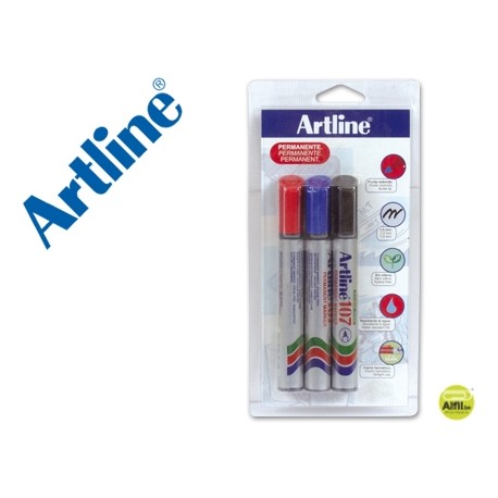 ROTULADOR ARTLINE MARCADOR PERMANENTE 107 -PUNTA REDONDA -BLISTER DE 3 UNIDADES (1 NEGRO 1 ROJO 1 AZ