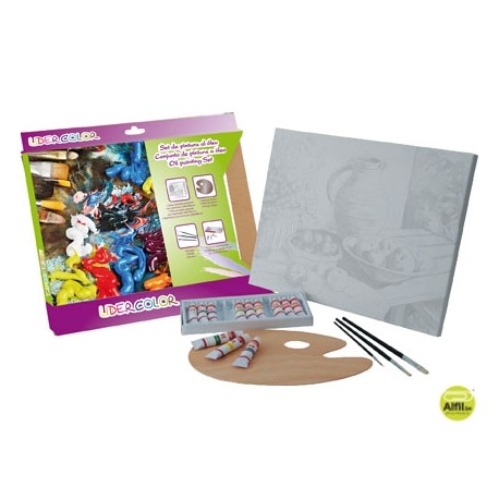 SET PINTURA AL OLEO LIDERCOLORCONTIENE 1 LIENZO IMPRIMACION 30X40CM 1 PALETA MADERA 3 BROCHAS TUBOS