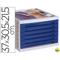 FICHERO CAJONES DE SOBREMESA LIDERPAPEL 37X30,5X21,5 CM BANDEJA ORGANIZADORA SUPERIOR 6 CAJONES AZUL