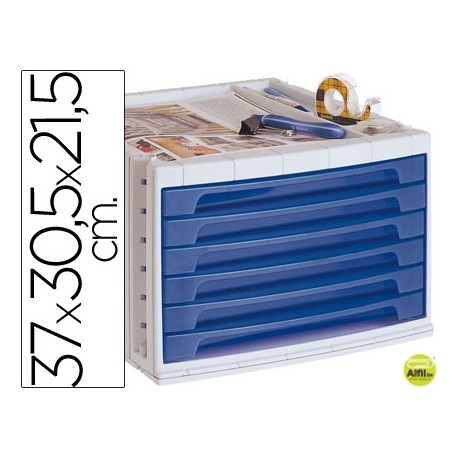 FICHERO CAJONES DE SOBREMESA LIDERPAPEL 37X30,5X21,5 CM BANDEJA ORGANIZADORA SUPERIOR 6 CAJONES AZUL