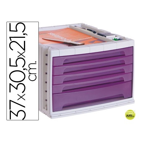FICHERO CAJONES DE SOBREMESA LIDERPAPEL 37X30,5X21,5 CM BANDEJA ORGANIZADORA SUPERIOR 5 CAJONES VIOL