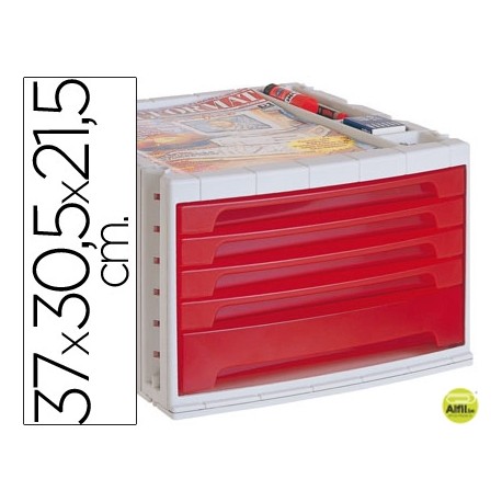 FICHERO CAJONES DE SOBREMESA LIDERPAPEL 37X30,5X21,5 CM BANDEJA ORGANIZADORA SUPERIOR 5 CAJONES ROJO