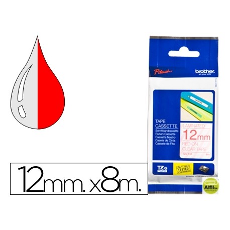 CINTA BROTHER TZE-132 TRANSPARENTE-ROJO 12MM LONGITUD 8 MT