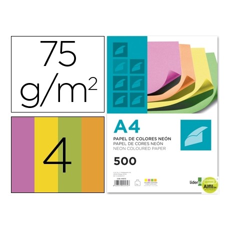 PAPEL COLOR LIDERPAPEL DIN-A4 75 GRAMOS NEON 4 COLORES SURTIDOS PAQUETE DE 500