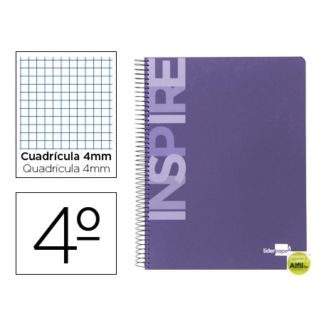BLOC ESPIRAL LIDERPAPEL CUARTO INSPIRE TAPA EXTRADURA 80H 60G CUADRO 4MM CON MARGEN. VIOLETA