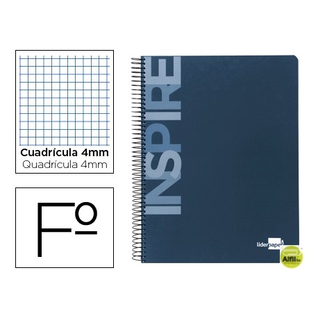 BLOC ESPIRAL LIDERPAPEL FOLIO INSPIRE TAPA EXTRADURA 80H 60G CUADRO 4MM CON MARGEN. AZUL PETROLEO