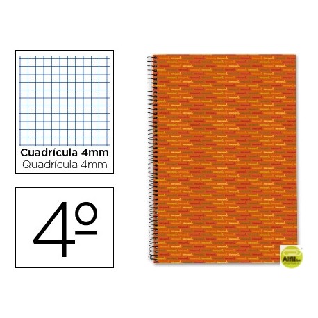 BLOC ESPIRAL LIDERPAPEL CUARTO MULTILIDER TAPA FORRADA 80H 70G CUADRO 4MM CON MARGEN. NARANJA