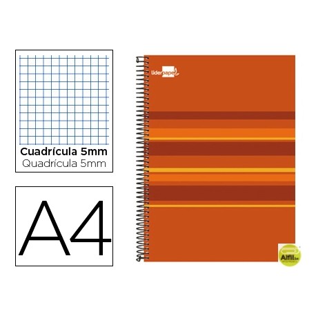 BLOC ESPIRAL LIDERPAPEL A4 MICRO CLASSIC TAPA FORRADA 160H 60G CUADRO 5MM 5 BANDAS 4 TALADROS. NARAN