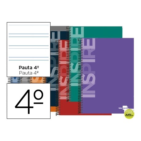 BLOC ESPIRAL LIDERPAPEL CUARTO INSPIRE TAPA EXTRADURA 80H 60G PAUTA 3.5MM CON MARGEN. COLORES SURTID