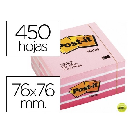BLOC DE NOTAS ADHESIVAS QUITA Y PON POST-IT 76X76 MM CUBO COLOR ROSA NEON 450 HOJAS