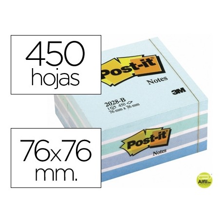 BLOC DE NOTAS ADHESIVAS QUITA Y PON POST-IT 76X76 MM CUBO COLOR AZUL PASTEL 450 HOJAS