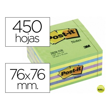 BLOC DE NOTAS ADHESIVAS QUITA Y PON POST-IT 76X76 MM CUBO COLOR AZUL Y VERDE 450 HOJAS