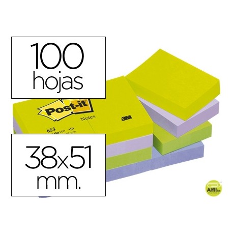 BLOC DE NOTAS ADHESIVAS QUITA Y PON POST-IT 38X51 MM ULTRA INTENSO SURTIDO PACK DE 12 BLOCS