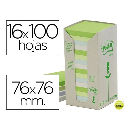 BLOC DE NOTAS ADHESIVAS QUITA Y PON POST-IT 76X76MM EN TORRERECICLADAS PACK DE 16 BLOCS 654 COLORES
