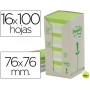 BLOC DE NOTAS ADHESIVAS QUITA Y PON POST-IT 76X76MM EN TORRERECICLADAS PACK DE 16 BLOCS 654 COLORES