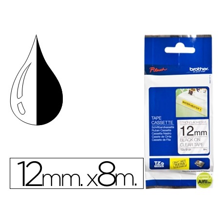 CINTA BROTHER TZE-S131 TRANSPARENTE-NEGRO 12MM LONGITUD 8 MT SUPERADHESIVA