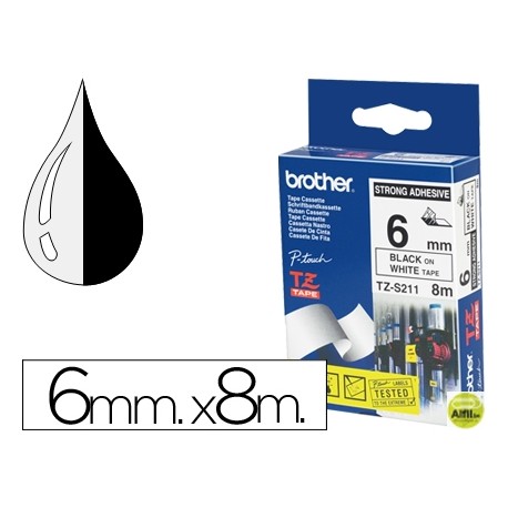 CINTA BROTHER TZ-S211 BLANCO-NEGRO 6MM LONGITUD 8 MT SUPERADHESIVA