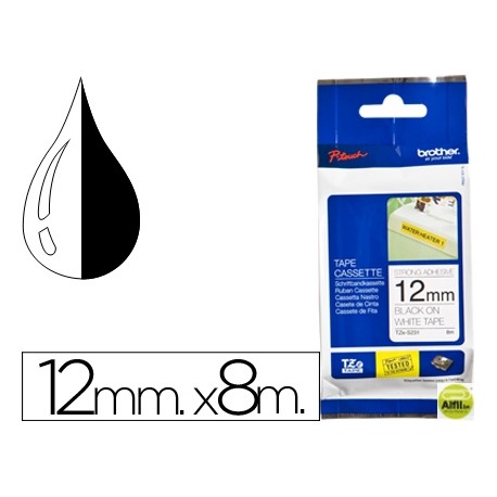 CINTA BROTHER TZE-S231 BLANCO-NEGRO 12MM LONGITUD 8 MT SUPERADHESIVA