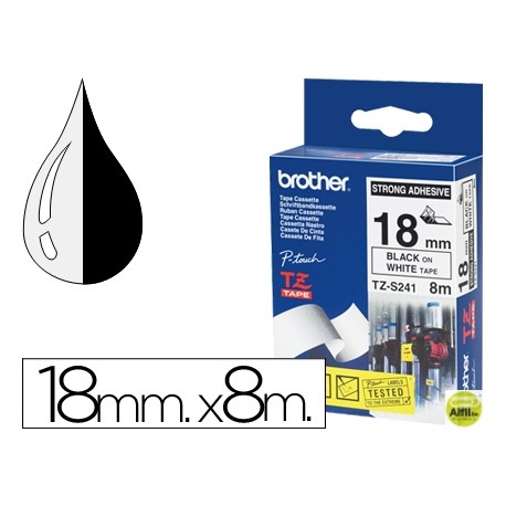 CINTA BROTHER TZ-S241 BLANCO-NEGRO 18MM LONGITUD 8 MT SUPERADHESIVA