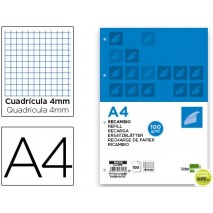RECAMBIO LIDERPAPEL A4 100 HOJAS 100G/M2 CUADRO 4MM CON MARGEN 4 TALADROS
