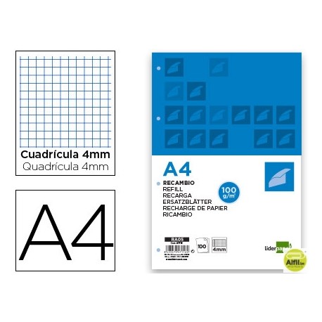 RECAMBIO LIDERPAPEL A4 100 HOJAS 100G/M2 CUADRO 4MM CON MARGEN 4 TALADROS
