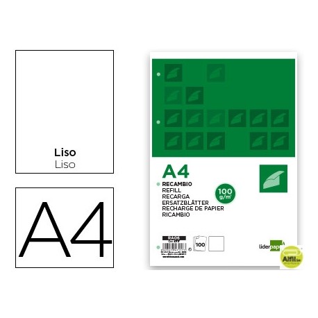 RECAMBIO LIDERPAPEL A4 100 HOJAS 100G/M2 LISO SIN MARGEN 4 TALADROS