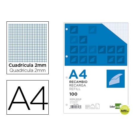 RECAMBIO LIDERPAPEL A4 100 HOJAS 100G/M2 CUADRO 2MM CON MARGEN 4 TALADROS