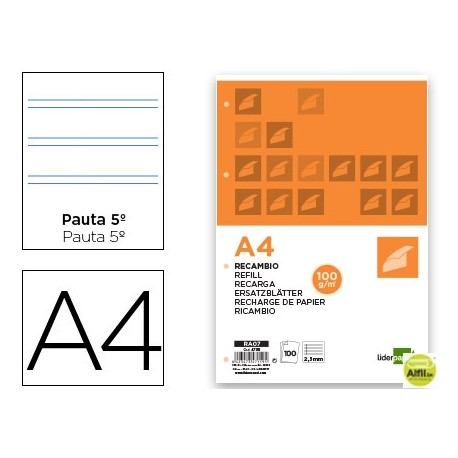 RECAMBIO LIDERPAPEL A4 100 HOJAS 100G/M2 PAUTA 5Ë 2.5MM CON MARGEN 4 TALADROS