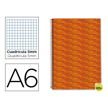 BLOC ESPIRAL LIDERPAPEL A6 MICRO MULTILIDER TAPA FORRADA 140H 70G CUADRO 5MM 5 BANDAS. NARANJA