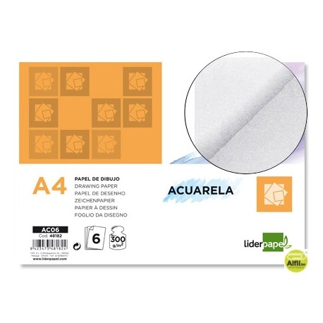 PAPEL DIBUJO LIDERPAPEL 210X297MM 300G/M2 ACUARELA PACK DE 6