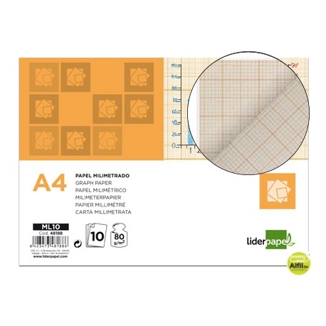 PAPEL DIBUJO LIDERPAPEL 210X297MM 80G/M2 MILIMETRADO PACK DE 10